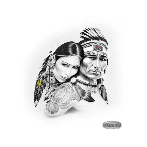 full sleeve tattoo with indian cherokee chief on the shoulder and cherokee woman on the forearm. tattoo design idea