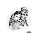 full sleeve tattoo with indian cherokee chief on the shoulder and cherokee woman on the forearm. tattoo design idea
