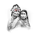 full sleeve tattoo with indian cherokee chief on the shoulder and cherokee woman on the forearm. tattoo design idea
