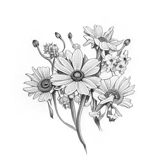 bouquet of Violet , aster , daffodil, larkspur , primrose , daisy , poppy and narcissus. tattoo design idea