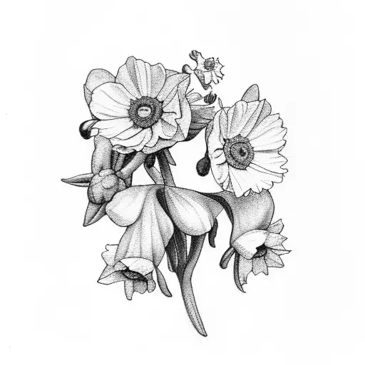  Violet , aster , daffodil, larkspur , primrose , daisy , poppy and narcissus. tattoo design idea