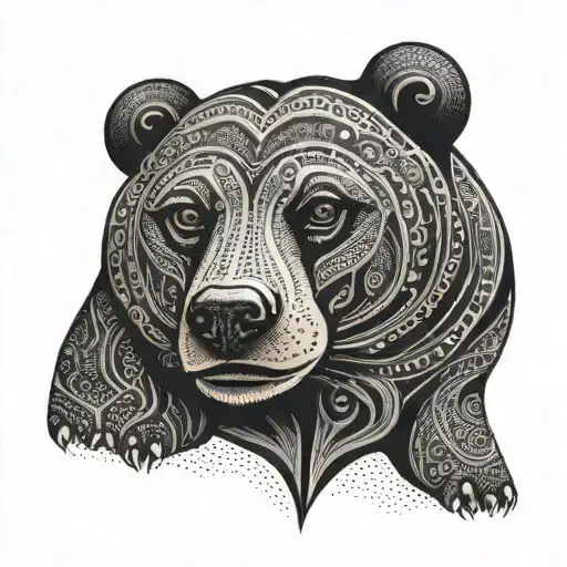 An elegant tattoo of a Malaysian sun bear adorned with tribal patterns and symbols tattoo design idea