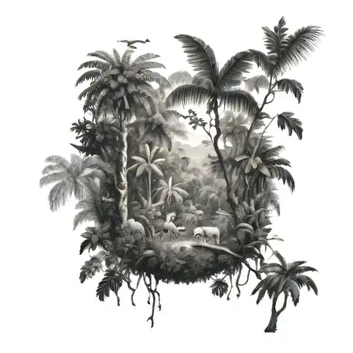 An intricate dotwork design of a Malaysian rainforest with various animals hidden within tattoo design idea