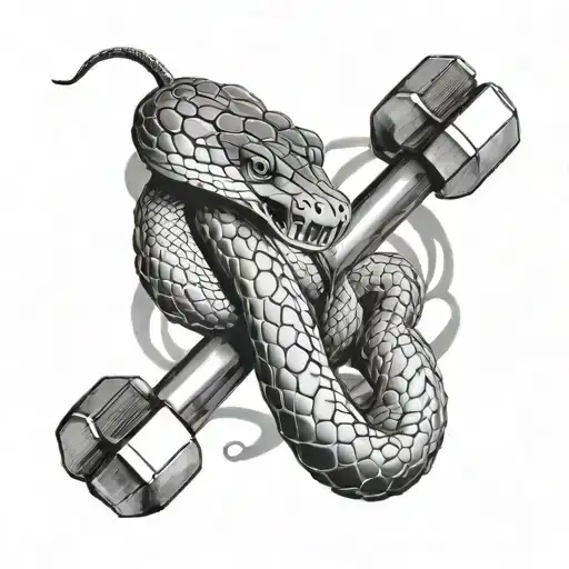 A black-grey tattoo of a snake coiled around a dumbbell, reflecting a passion for working out and nature tattoo design idea