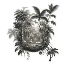 An intricate dotwork design of a Malaysian rainforest with various animals hidden within tattoo design idea