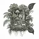 An intricate dotwork design of a Malaysian rainforest with various animals hidden within tattoo design idea