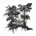 An intricate dotwork design of a Malaysian rainforest with various animals hidden within tattoo design idea