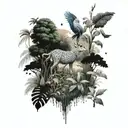 An intricate dotwork design of a Malaysian rainforest with various animals hidden within tattoo design idea