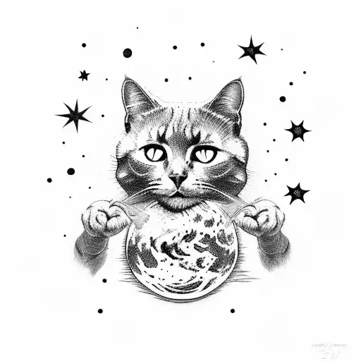 black cat hanging out on the moon with green eyes and stars around  tattoo design idea