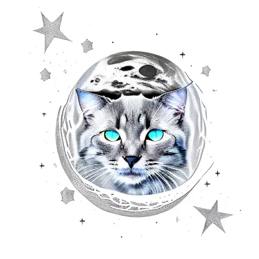 black cat hanging out on the moon with green eyes and stars around  tattoo design idea