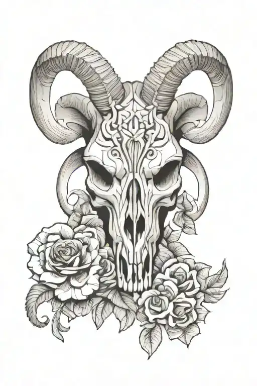 carved ram skull with violas tattoo design idea