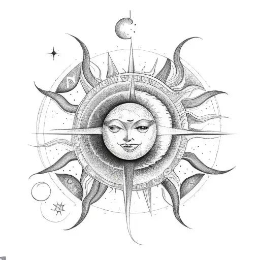 vertical sun and moon back tattoo with aries, saggitarius, gemini, and aqariaus constellation tattoo design idea