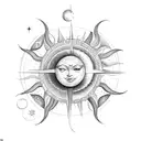 vertical sun and moon back tattoo with aries, saggitarius, gemini, and aqariaus constellation tattoo design idea