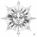 vertical sun and moon back tattoo with aries, saggitarius, gemini, and aqariaus constellation tattoo design idea