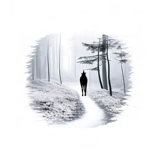 A serene landscape of a forest trail with a silhouette of a dog walking alongside tattoo design idea