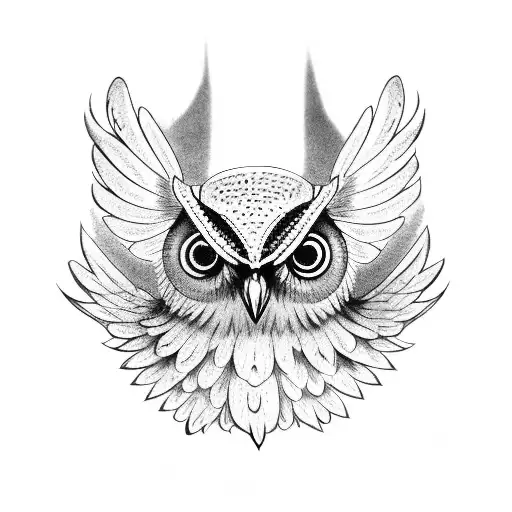 Owl on front of neck, spread wings tattoo design idea