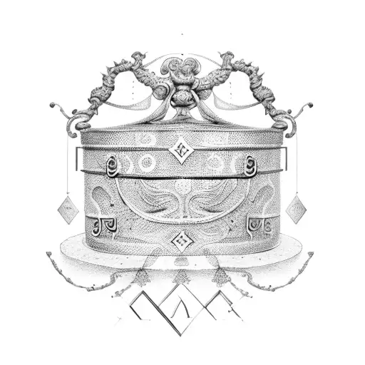 A detailed dotwork design of Pandoras box with ancient Greek symbols tattoo design idea