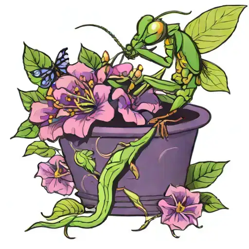 praying mantis on a purple pot flower tattoo design idea