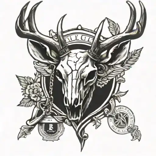 A stylized blackwork tattoo of a deer skull intertwined with a police badge symbolizing the client's occupation and love for hunting tattoo design idea