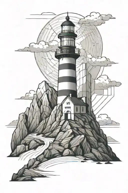 rectangle lighthouse  one side the other side mountain reverse . and dont have a lot of lines tattoo design idea