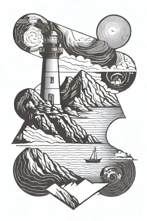 lighthouse  one side the other side mountain reverse  tattoo design idea