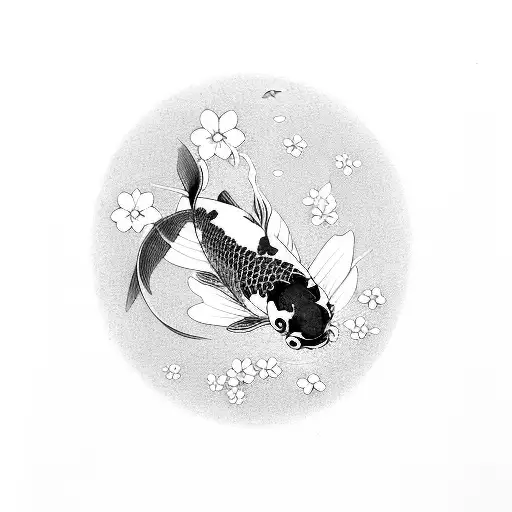 A serene koi fish swimming amidst delicate cherry blossom petals, paying homage to the client's love for oriental culture and nature tattoo design idea