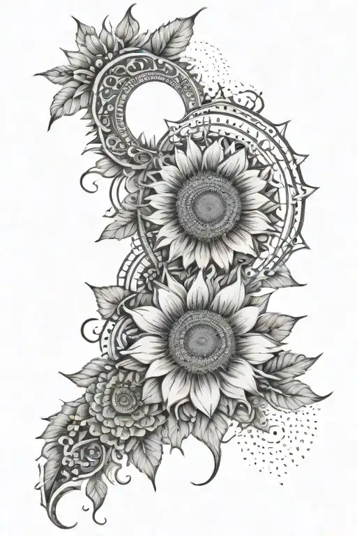 spine tattoo with sunflowers, mandala, sun and moon intertwined tattoo design idea