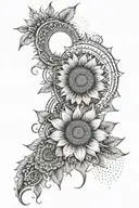 spine tattoo with sunflowers, mandala, sun and moon intertwined tattoo design idea