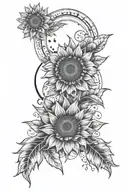 spine tattoo with sunflowers, mandala, sun and moon intertwined tattoo design idea