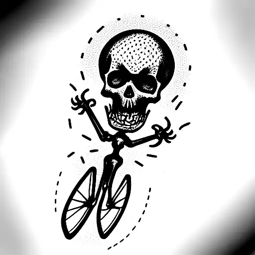skeleton on a bicycle with a metal femur jumping a man hole that has the grim reaper inside tattoo design idea