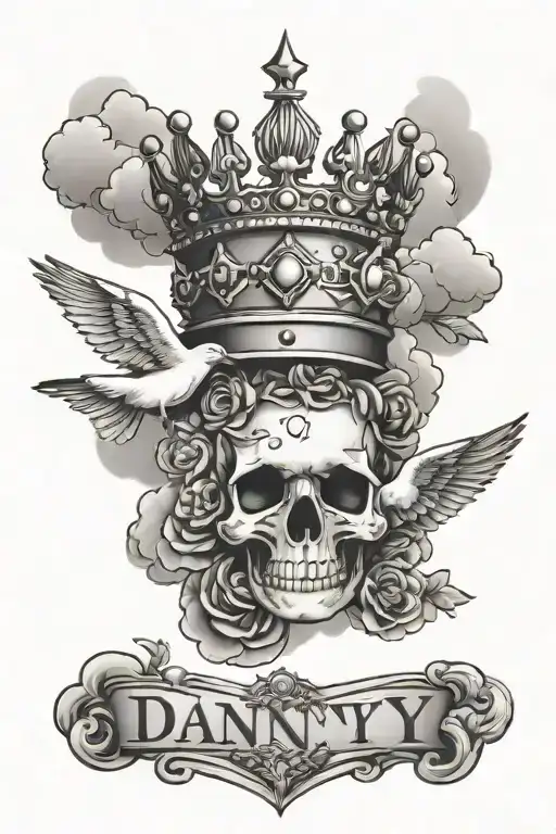 Show me the name Danny in tattoo form with a crown above the D and clouds and doves tattoo design idea