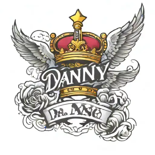 Show me  the name Danny in tattoo form with a crown above the D and clouds and doves around it  tattoo design idea