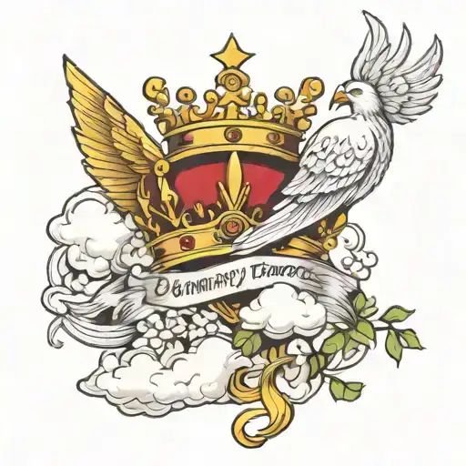 Show me the name Danny in tattoo form with a crown above the D and clouds and doves tattoo design idea