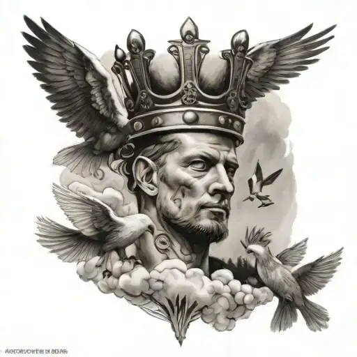 Show me the name Danny in tattoo form with a crown above the D and clouds and doves tattoo design idea