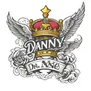 Show me  the name Danny in tattoo form with a crown above the D and clouds and doves around it  tattoo design idea