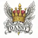 Show me  the name Danny in tattoo form with a crown above the D and clouds and doves around it  tattoo design idea