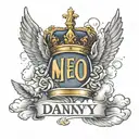 Show me  the name Danny in tattoo form with a crown above the D and clouds and doves around it  tattoo design idea