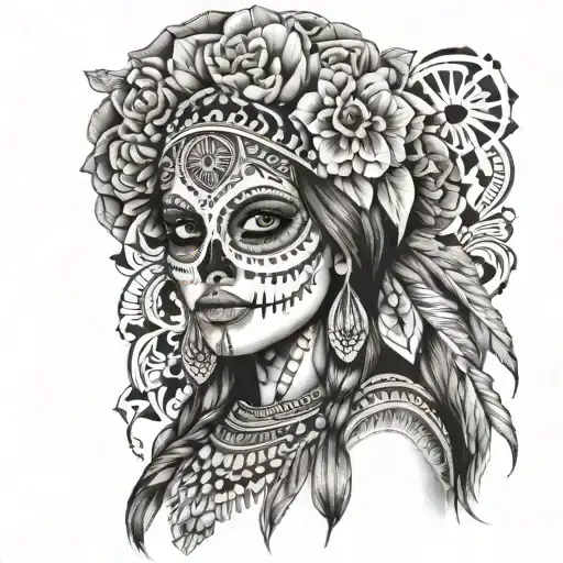 Mexican Indian girl with national patterns, skull instead of face tattoo design idea