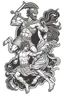 greek warrior fighting to protect two children holding hands tattoo design idea