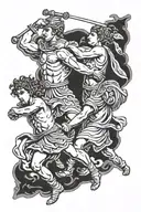 greek warrior fighting to protect two children holding hands tattoo design idea
