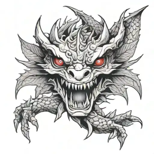 weed leaf, weed joint, dragon face with red eyes  tattoo design idea
