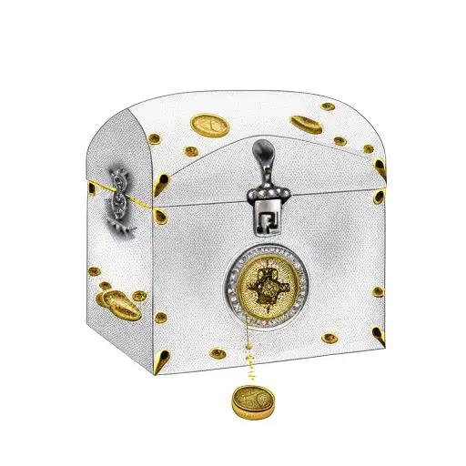 treasure chest with gold coins spilling out with one main emerald peice. with a clock being above the chest tattoo design idea