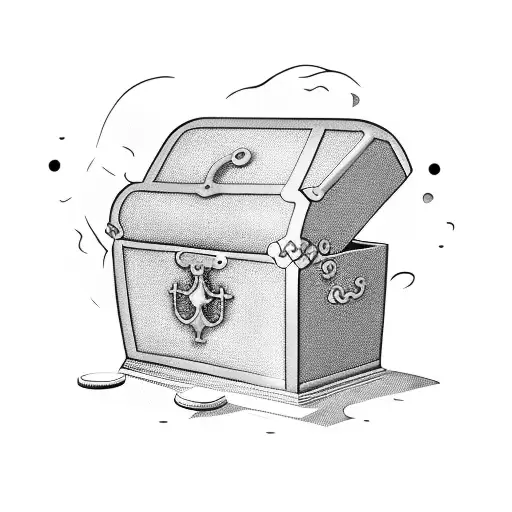 treasure chest with gold coins spilling out with one main emerald peice. with a clock being above the chest tattoo design idea