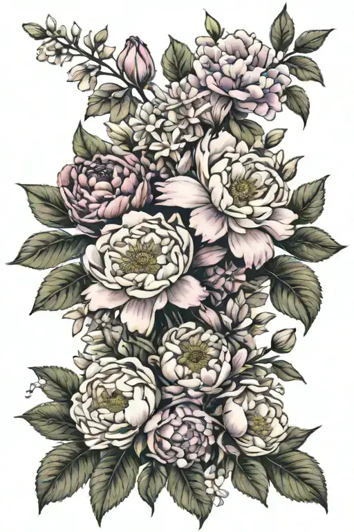floral sleeve tattoo featuring Peony Wild white daisy Chicory Fern Honeysuckle Azalea Rhododendron  Pink poppy Queen Ann’ tattoo design idea