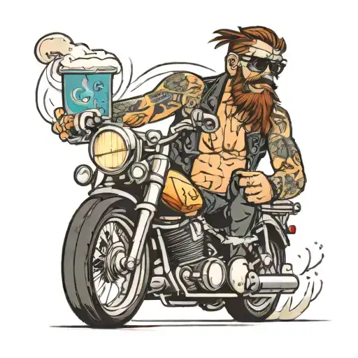 Bartender shaker riding a heavy motorcycle and wearing a cross necklace tattoo design idea
