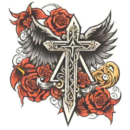 cross and star of david with wings and sword going tattoo design idea