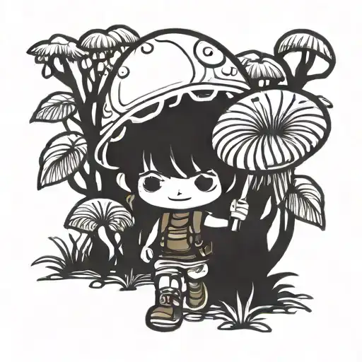 a chibi mushroom wearing a backpack walking in a forest tattoo design idea