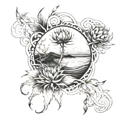 waves and thistles  tattoo design idea
