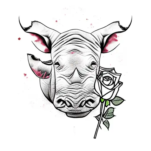 rhino with bucket of roses and plenty lotus and some blood tattoo design idea