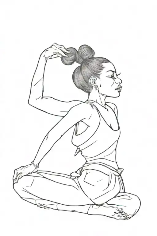 Gabber Style Girl doing a hakken Dance Pose from the side, With bun and a half undercut, only outlines tattoo design idea